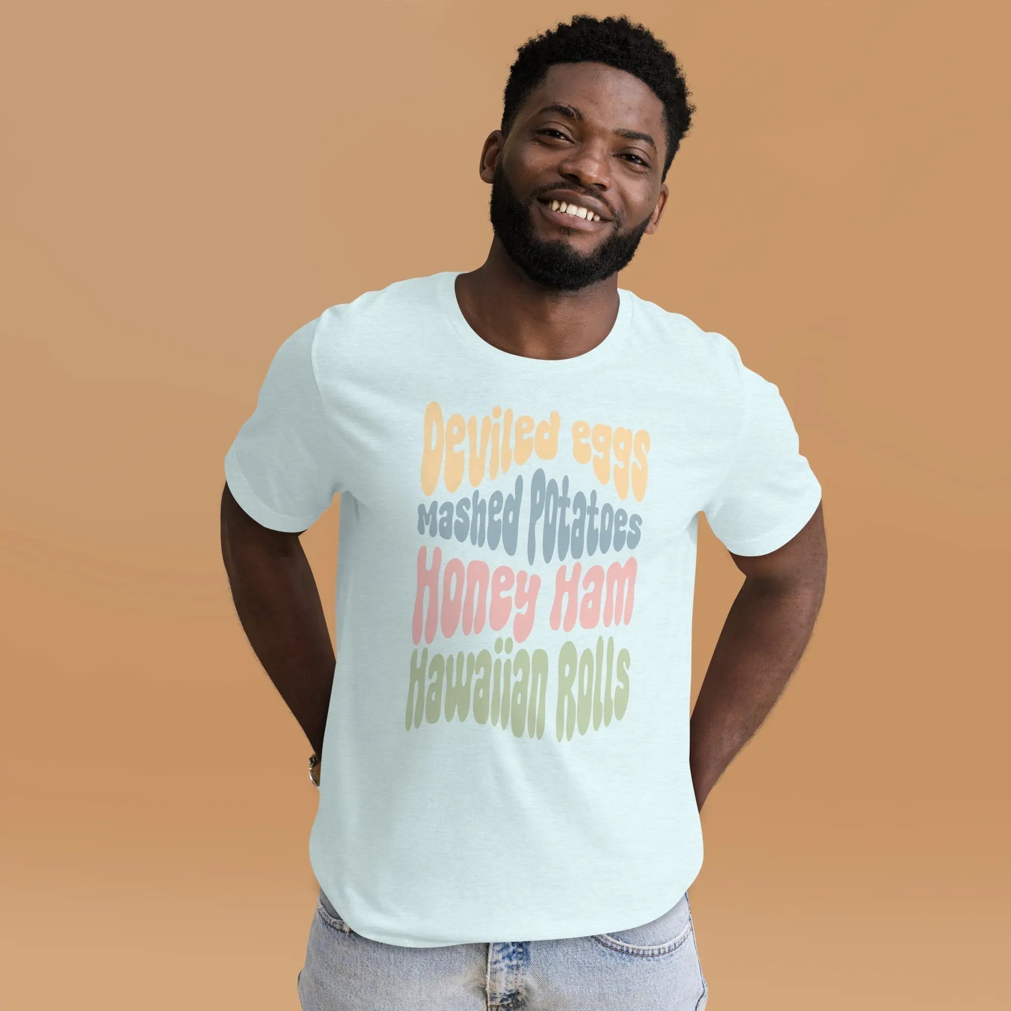 Smiling man wearing pastel Easter dinner menu t-shirt