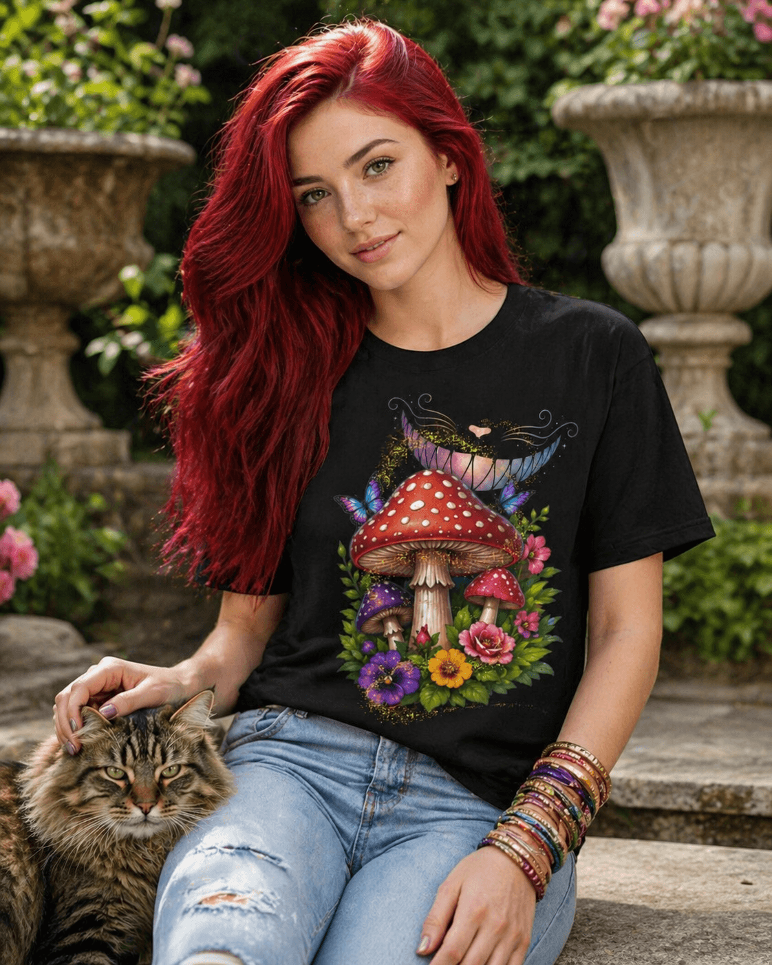 Woman wearing gray Irish pub graphic t-shirt