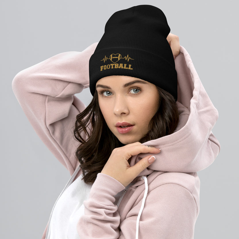 Black knit beanie with gold football design