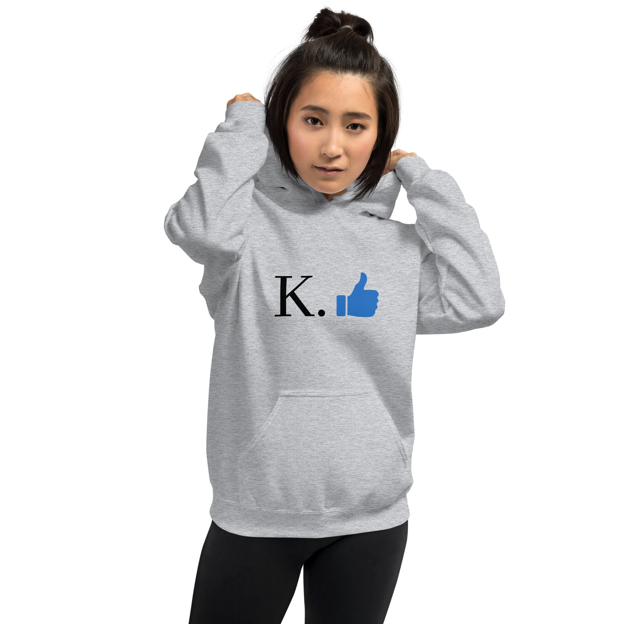 Gray hoodie with funny K. and thumbs up design