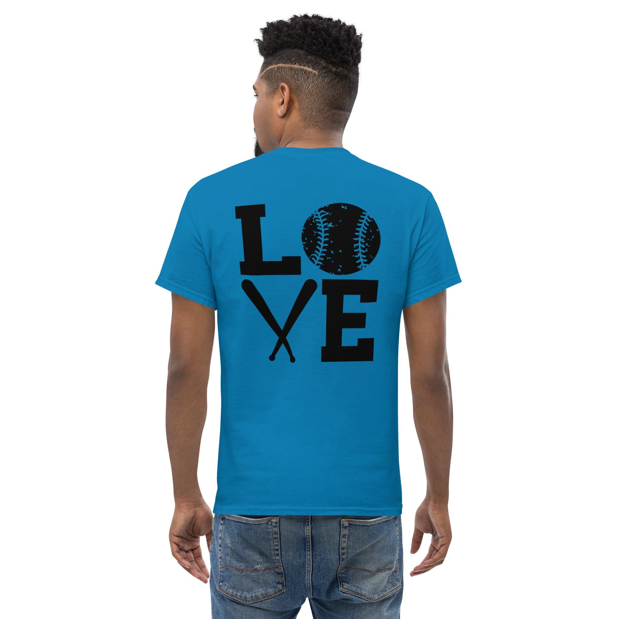 Blue graphic tee with 'LOVE' design featuring baseball and crossed bats, perfect for sports fans and statement apparel.