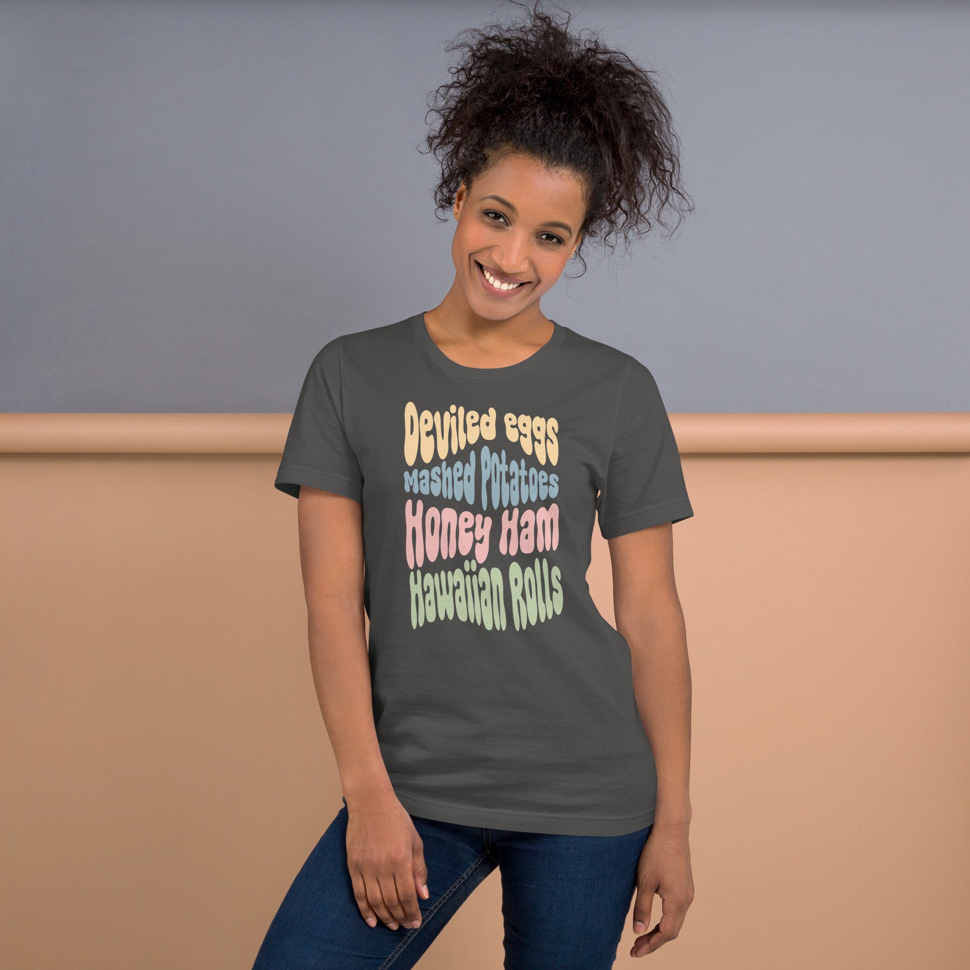 Woman wearing Easter meal graphic t-shirt