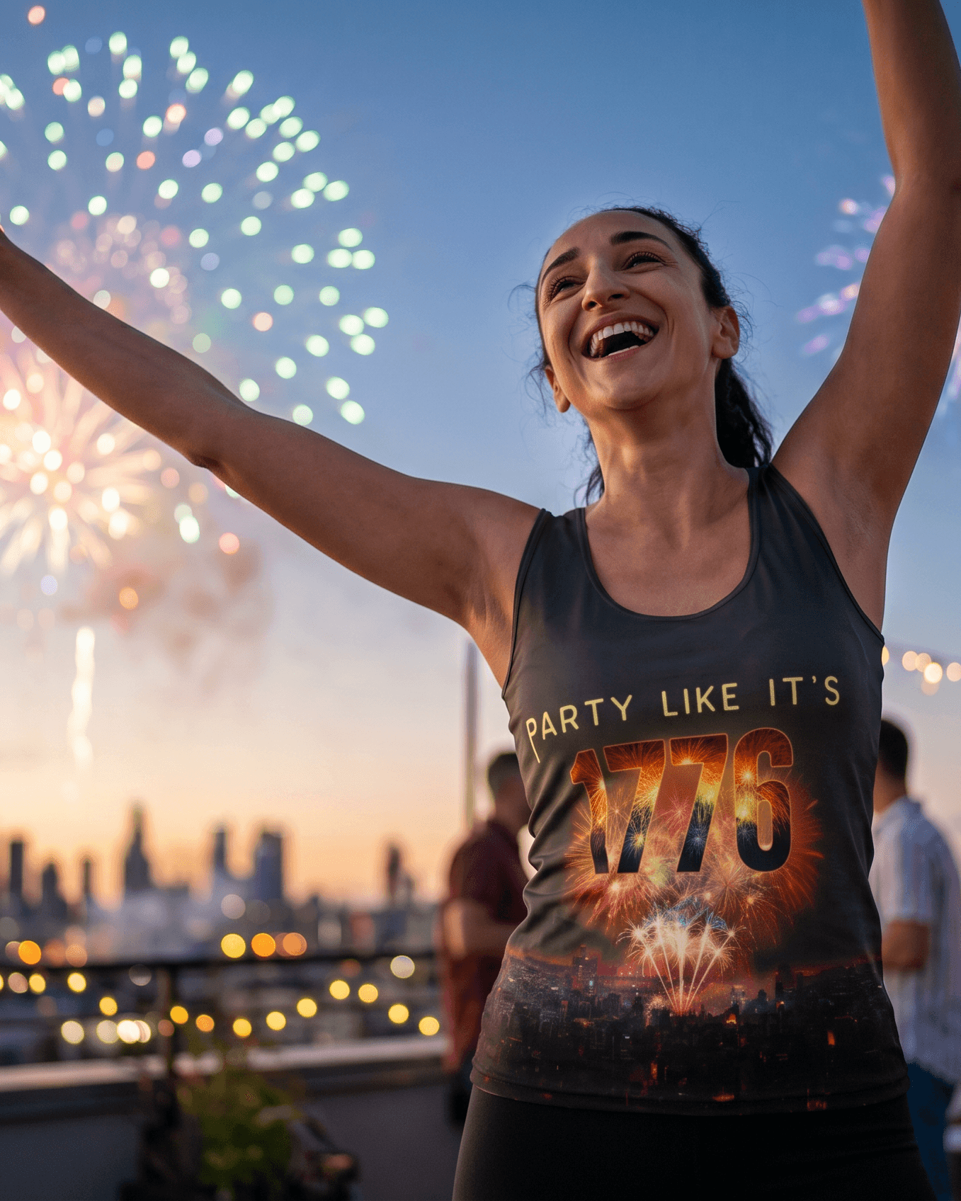 Woman celebrating with fireworks and city skyline in the background