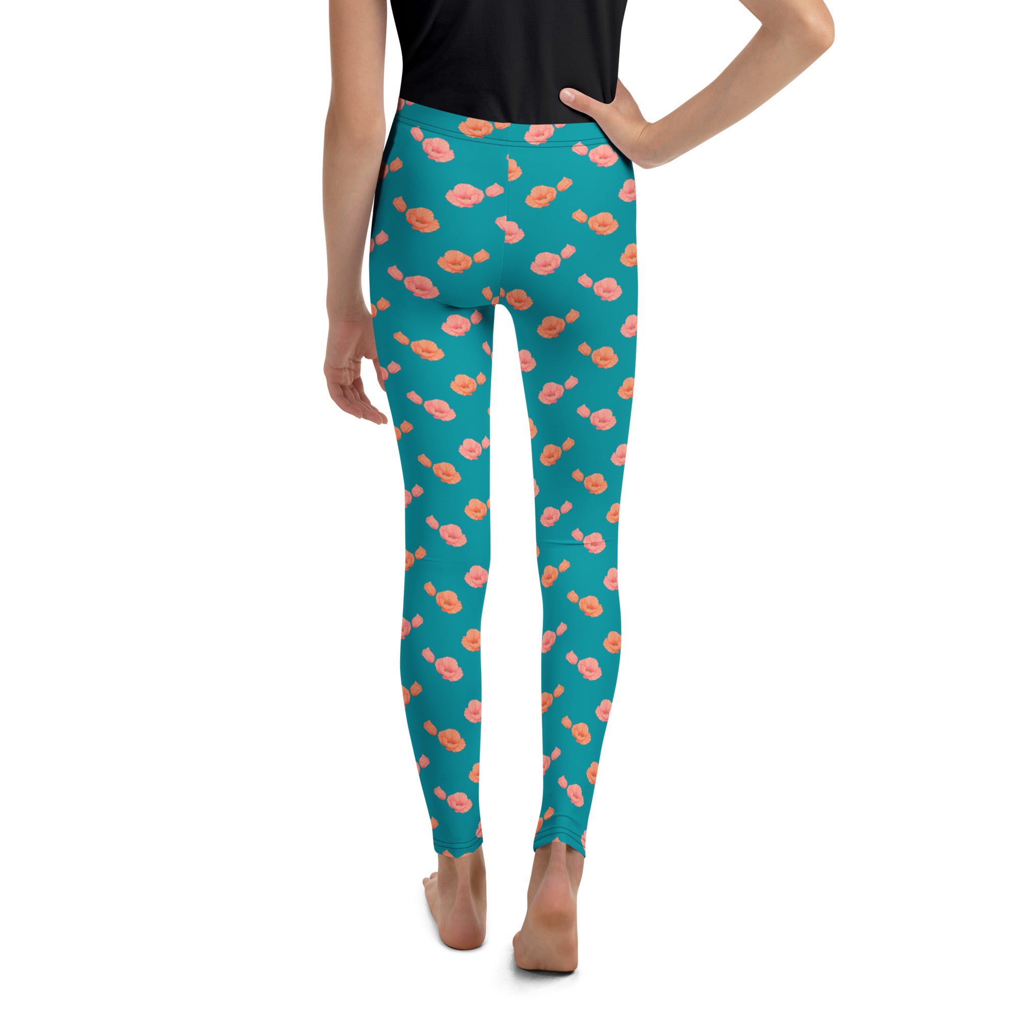 kids floral leggings with bright teal background