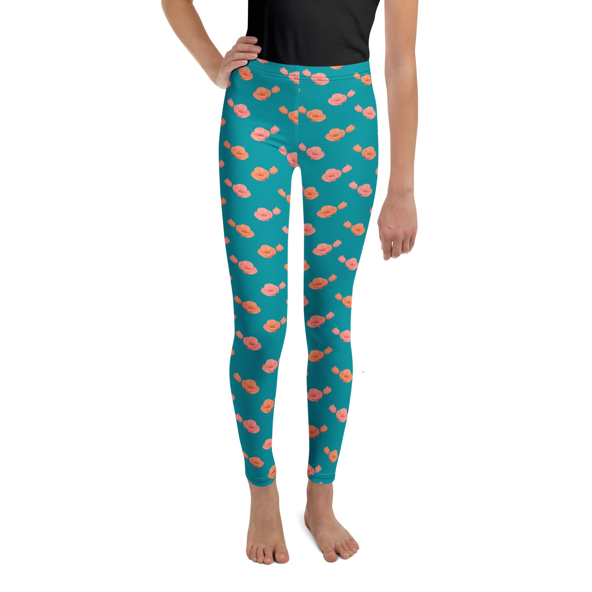 girls teal floral leggings with pink flower print youth leggings
