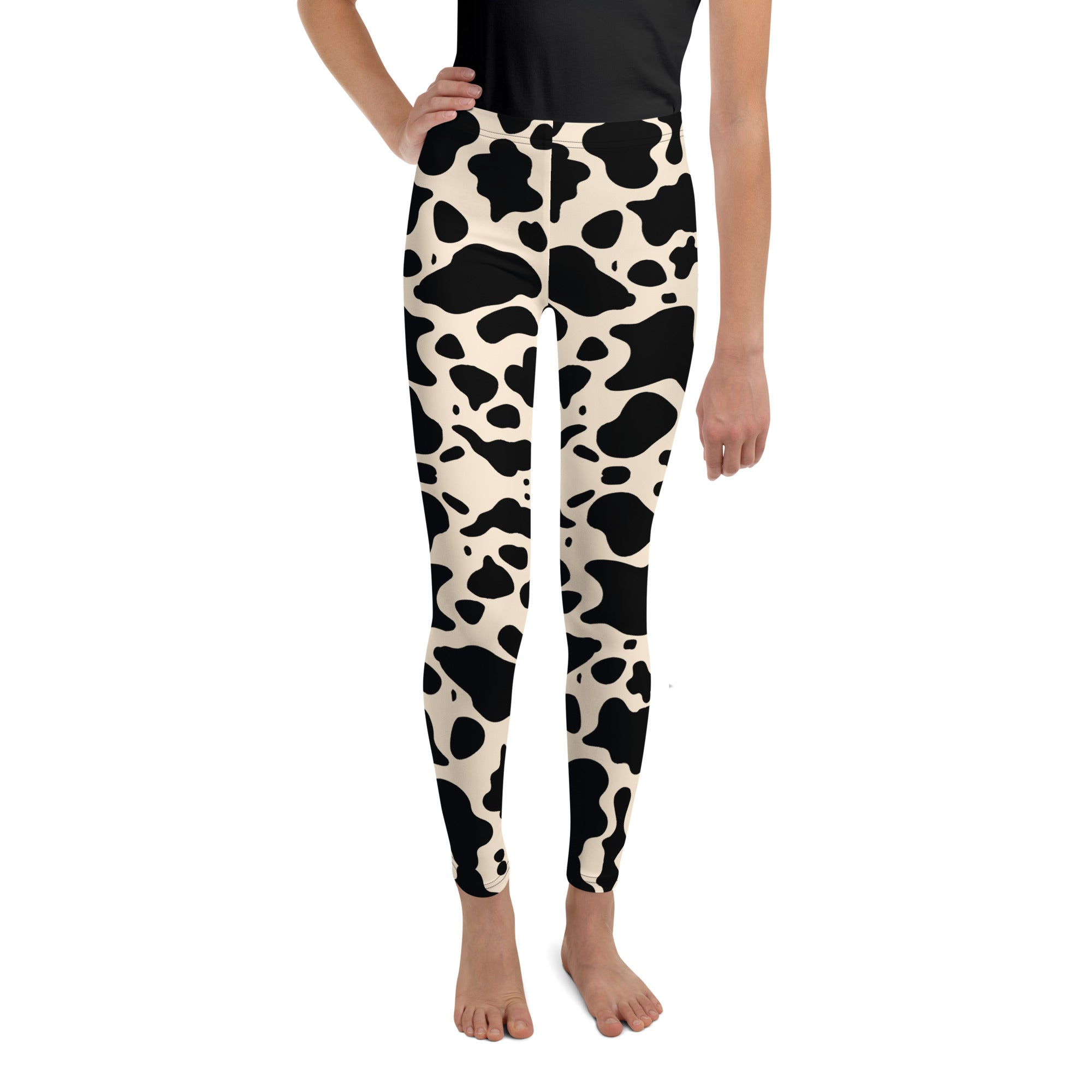 girls black and cream cow print leggings holstein youth leggings