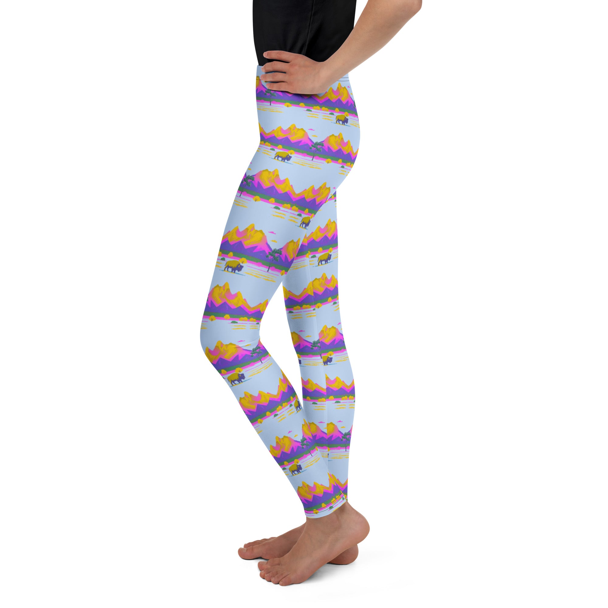 colorful wyoming bison youth leggings with mountain landscape design