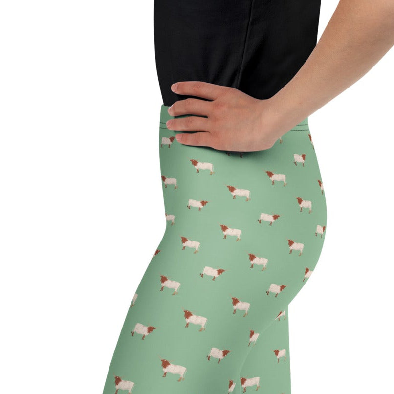 girls sage green leggings with longhorn cow print western youth leggings