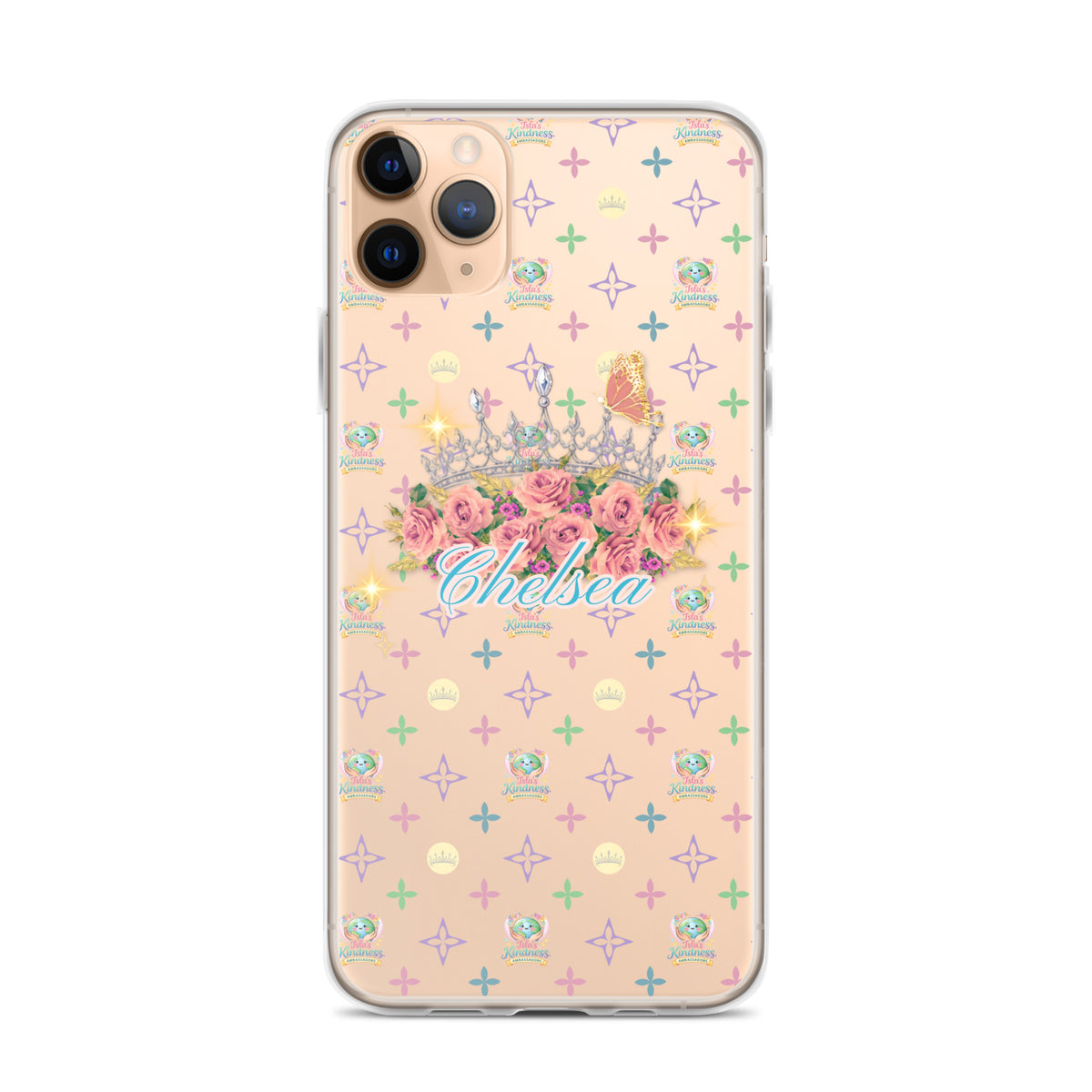 A clear iPhone case with a pastel pink background, featuring a repeating pattern of small colorful crosses and monogram motifs, with a central graphic of a tiara, pink roses, a butterfly, and the name 'Chelsea' in blue script.