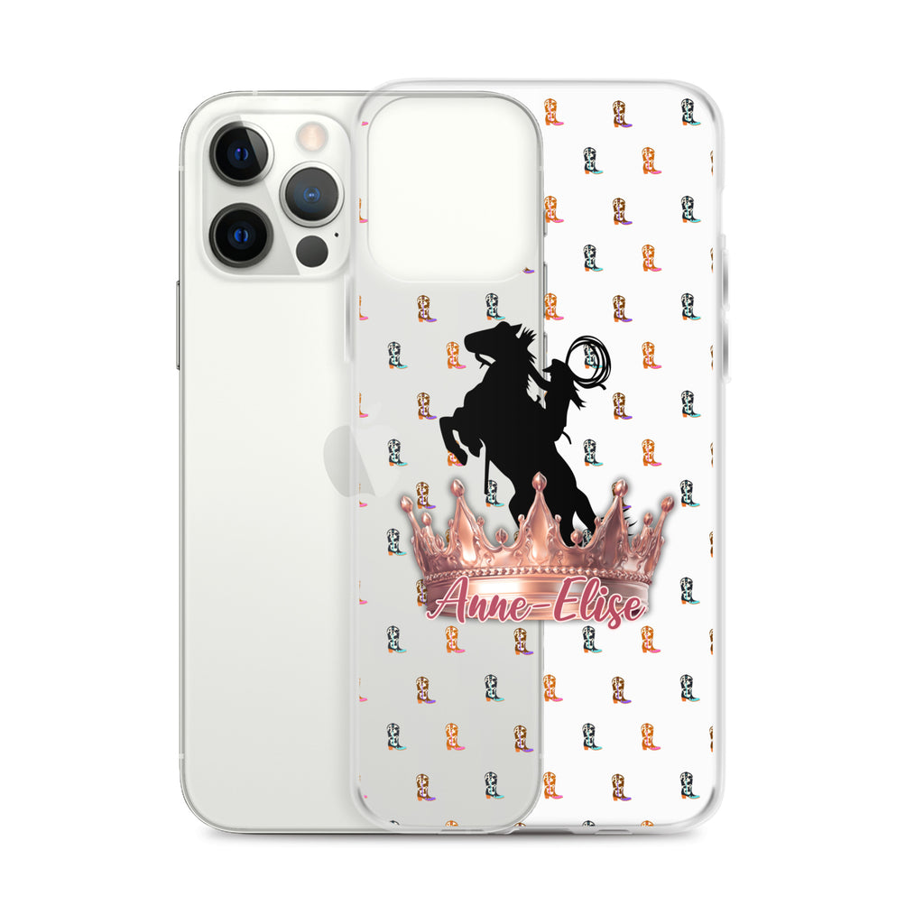 A clear phone case shown on a white smartphone, featuring a black silhouette of a rearing horse beneath a pink glitter-style crown with the text 'Anne-Elise' in pink script. The case background has a repeating small multicolor monogram pattern.