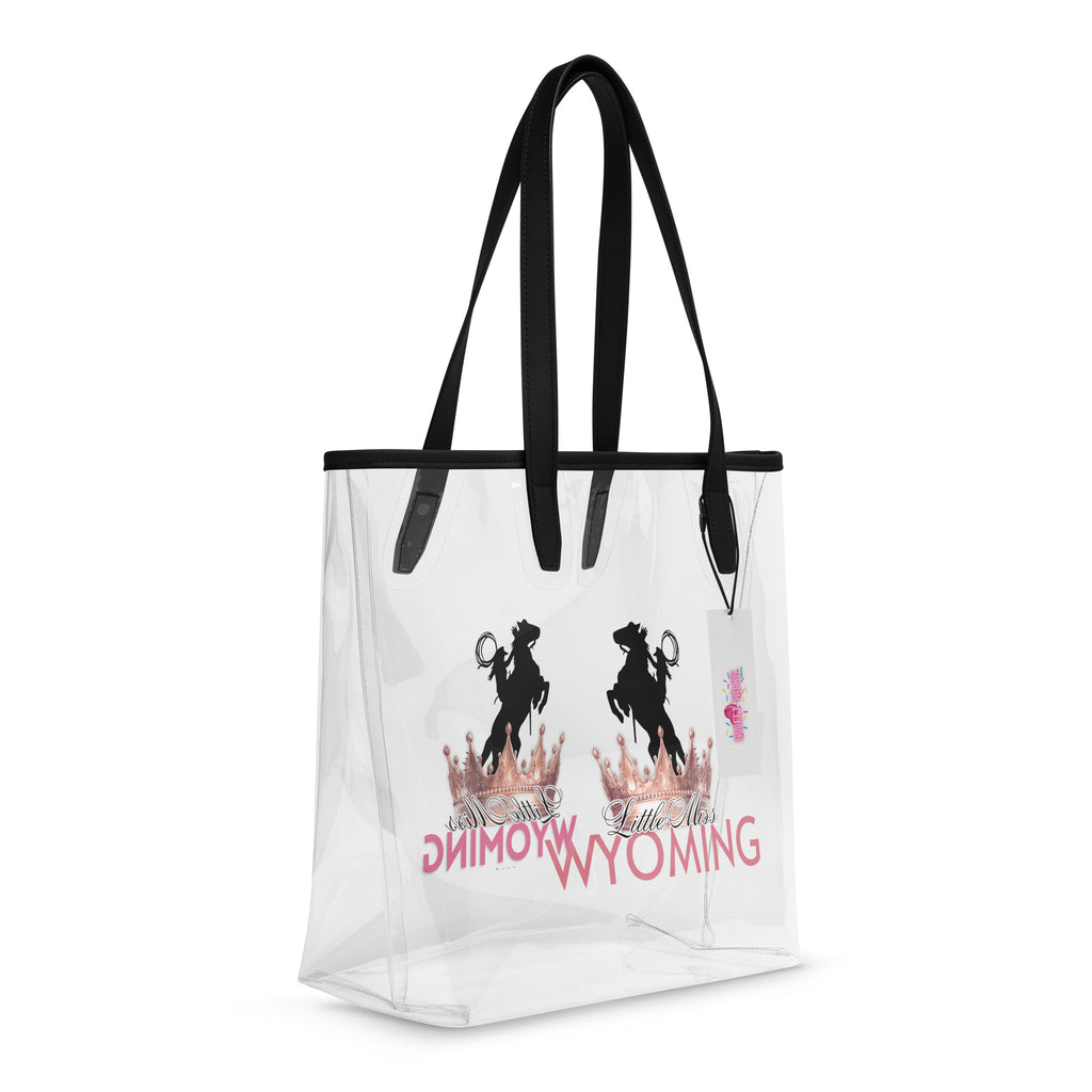 Clear tote bag with black handles featuring graphics and text on a white background