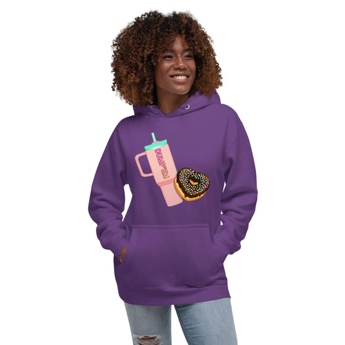 Purple hoodie with funny donut and tumbler graphic, perfect for casual wear and statement fashion.