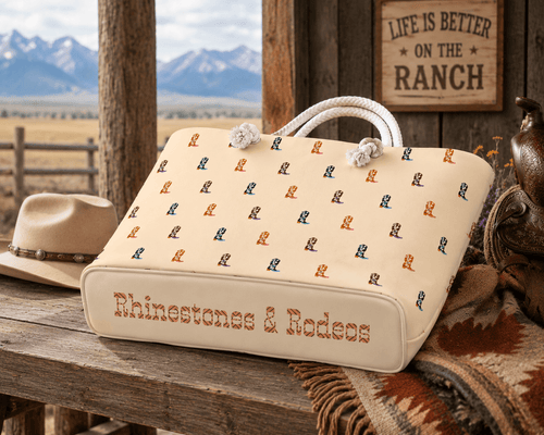 Cream tote bag with cowboy boot print and 'Rhinestones & Rodeos' text, rustic ranch setting