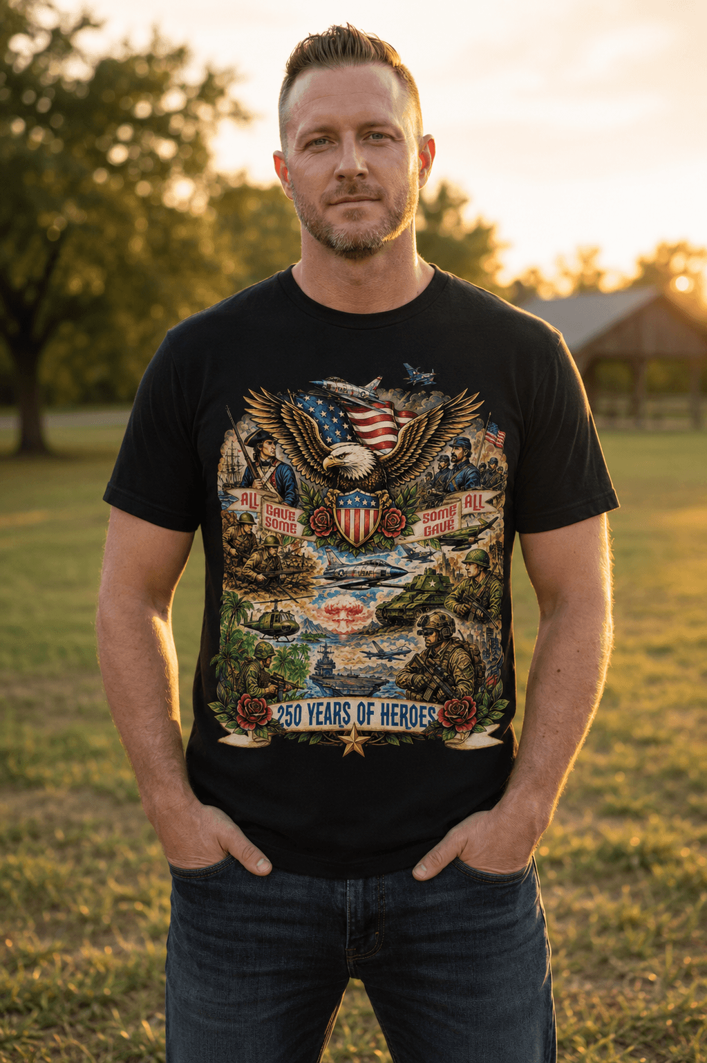 Man wearing patriotic graphic tee with eagle, soldiers, and '250 Years of Heroes' design, perfect for veteran appreciation.