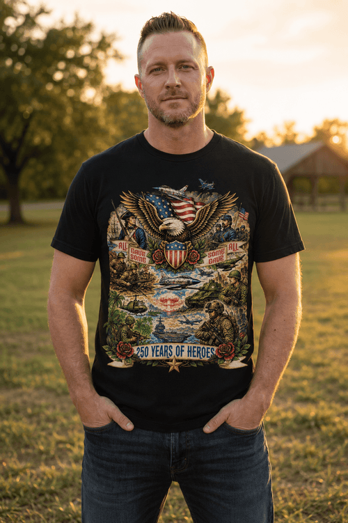 Man wearing patriotic graphic tee with eagle, soldiers, and '250 Years of Heroes' design, perfect for veteran appreciation.