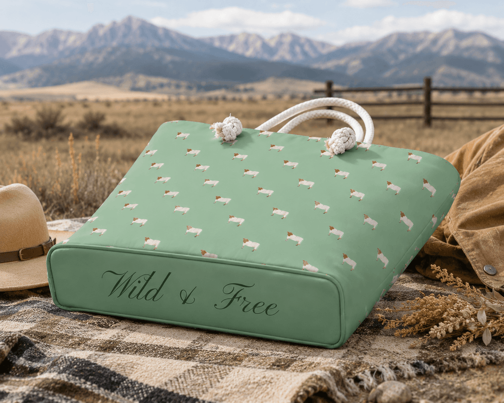Mint green tote bag with sheep print and 'Wild & Free' text, styled on blanket in mountain landscape