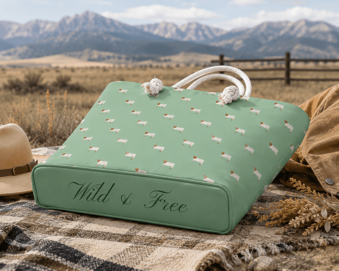 Mint green tote bag with sheep print and 'Wild & Free' text, styled on blanket in mountain landscape