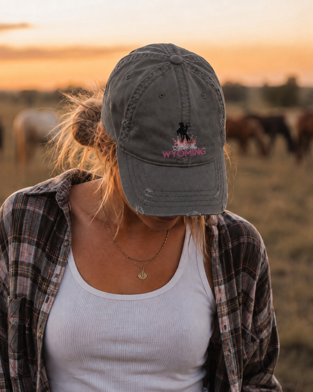 Little Miss Wyoming Personalized Rodeo Crown Distressed Dad Hat Sweet Talks Tees