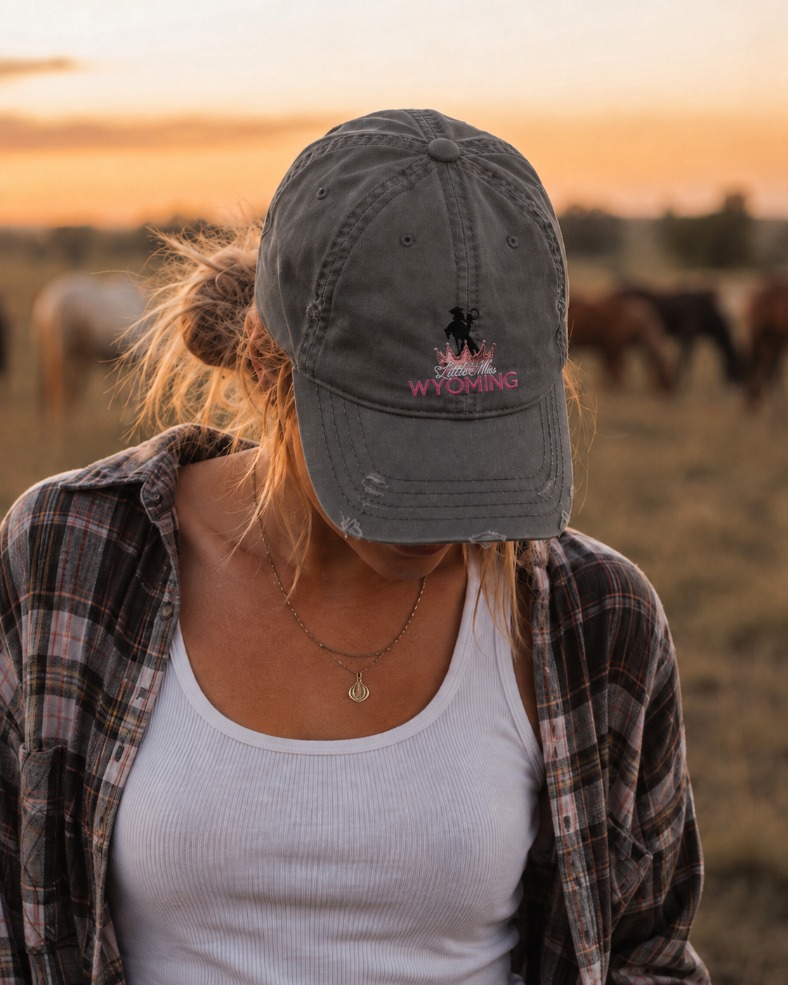 Little Miss Wyoming Personalized Rodeo Crown Distressed Dad Hat Sweet Talks Tees