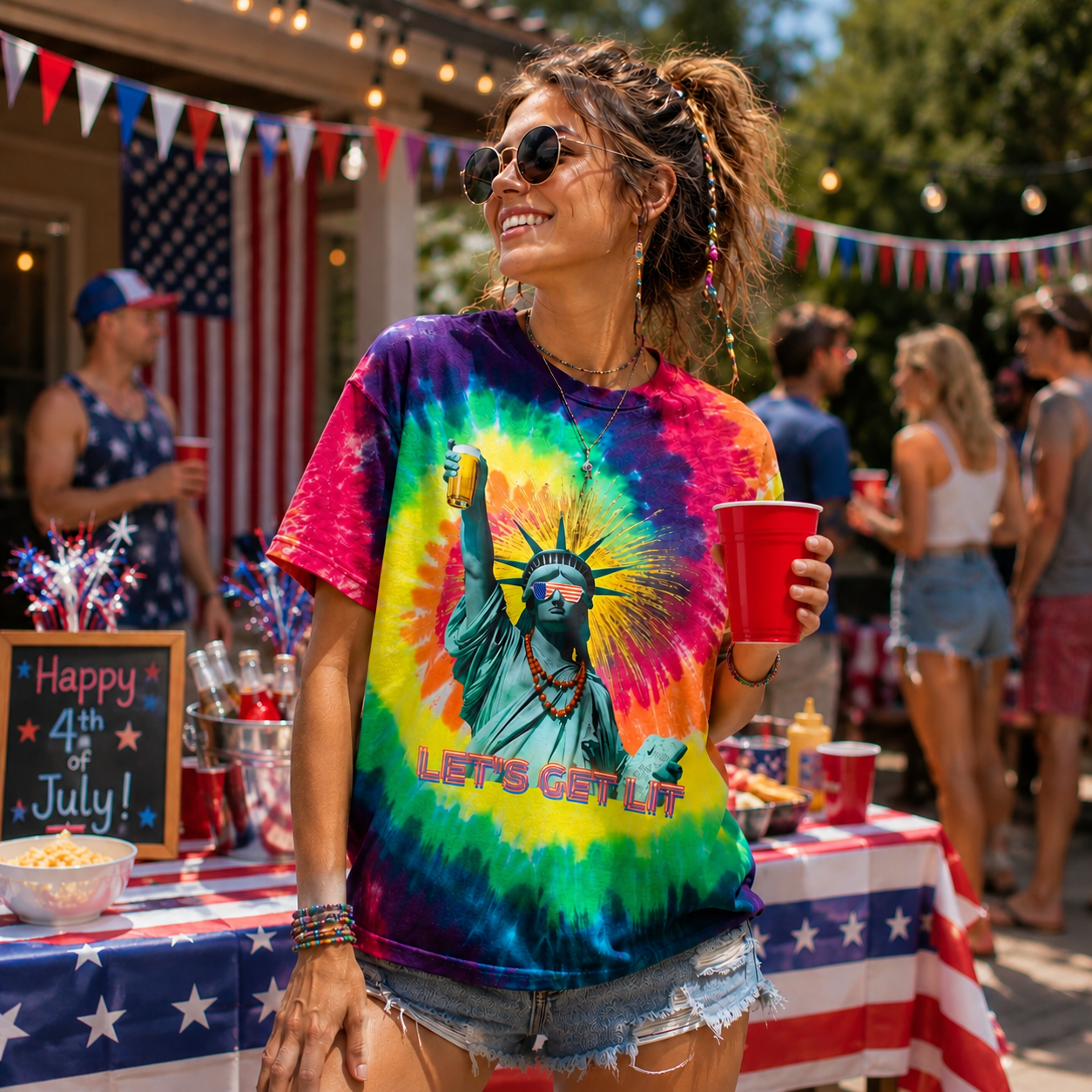 Let's Get Lit Lady Liberty Oversized Tie-Dye Streetwear T-Shirt