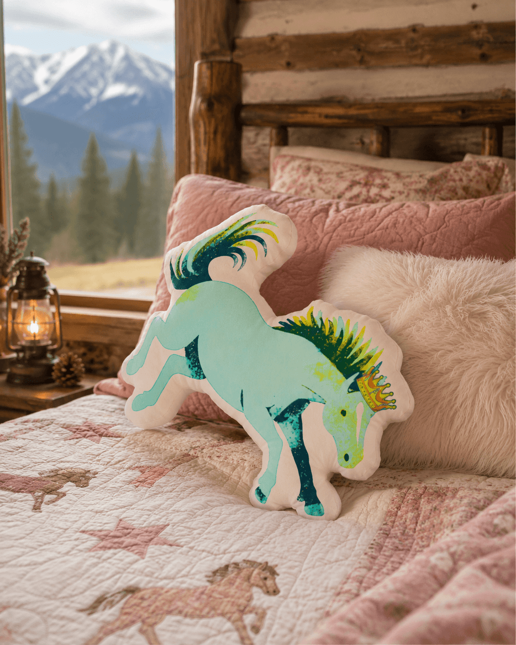 Colorful unicorn pillow with crown on cozy bed, mountain view, rustic cabin decor
