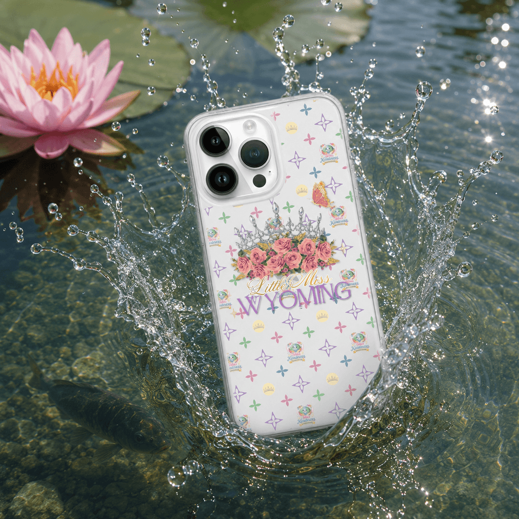 Little Miss Wyoming phone case with floral crown design, splashing in pond near water lily