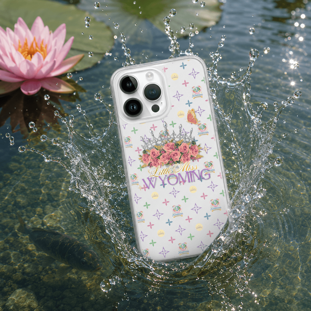 Little Miss Wyoming phone case with floral crown design, splashing in pond near water lily