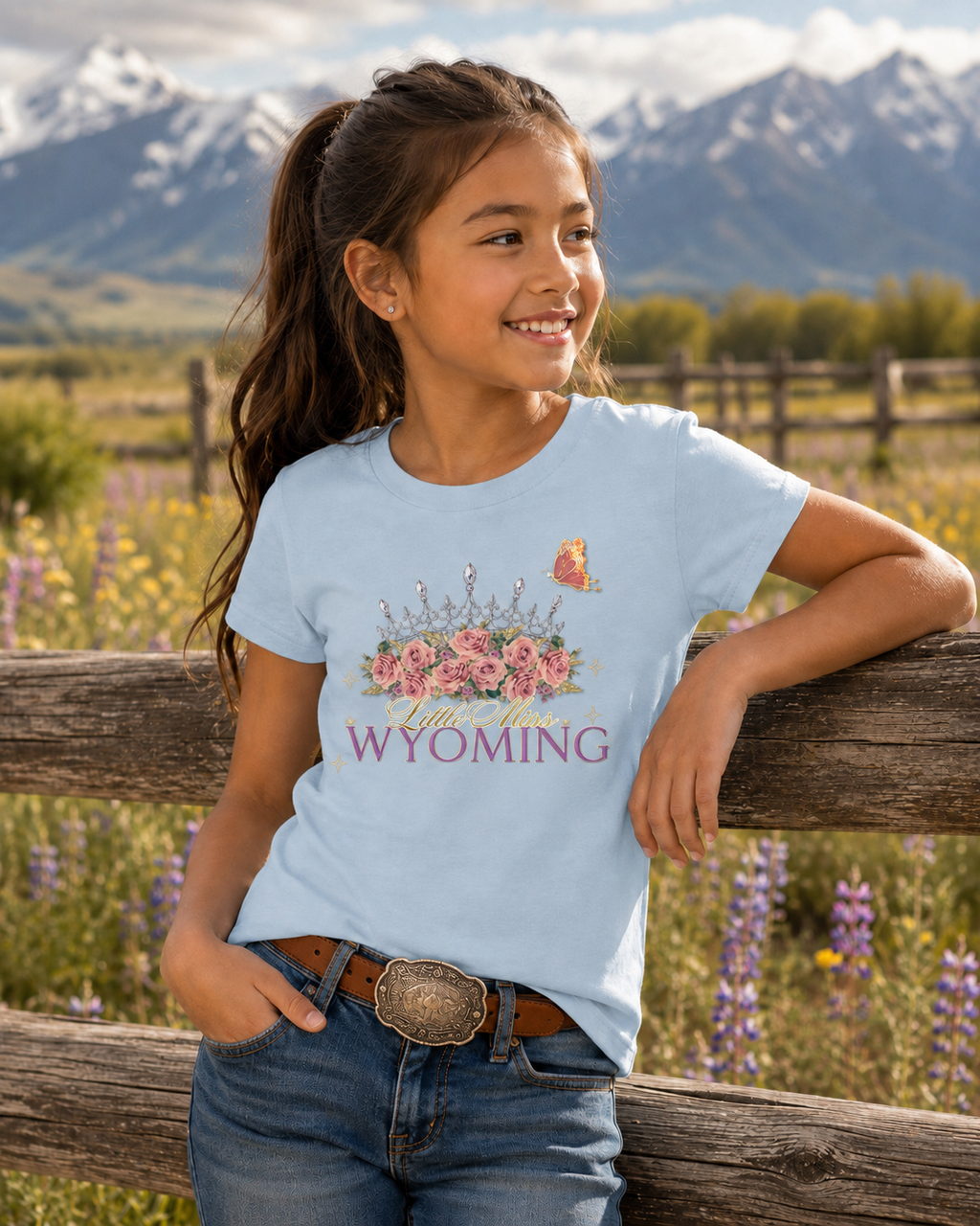 Little Miss Wyoming Personalized Rose Youth Tee with Floral Sweet Talks Tees
