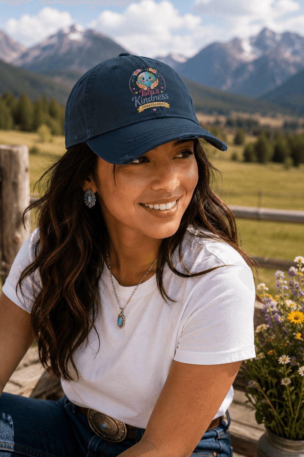 Woman wearing navy cap with 'Isla's Kindness Ambassadors' design, white tee, and jeans outdoors near mountains