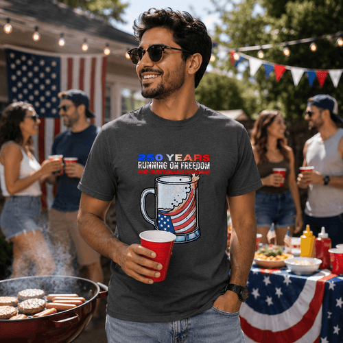 Man wearing patriotic graphic tee with '250 Years Running on Freedom' design at backyard BBQ, holding red cup