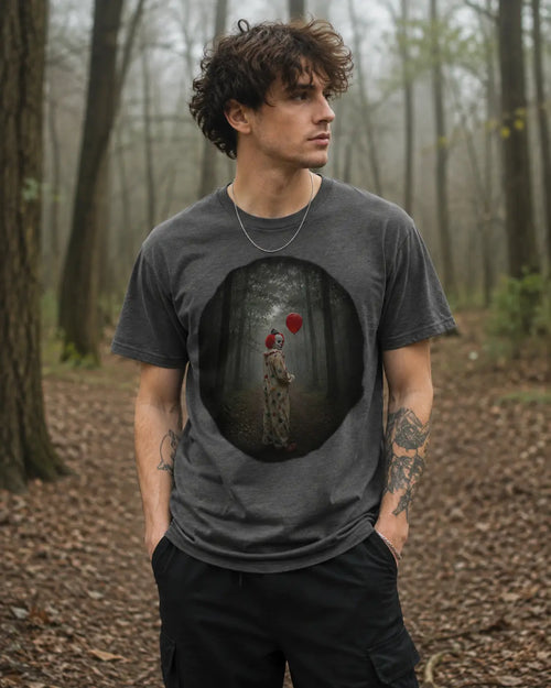 Unisex graphic t-shirt featuring a lone clown holding a red balloon in a foggy forest beneath the phrase "Would you choose the clown or the bear?" with a reflective message encouraging conversation about instinct, perception, and personal safety.