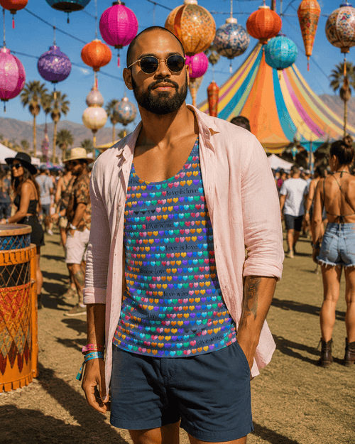 Man wearing colorful heart-patterned tank top with 'love is love' text at outdoor festival, retro festival fashion