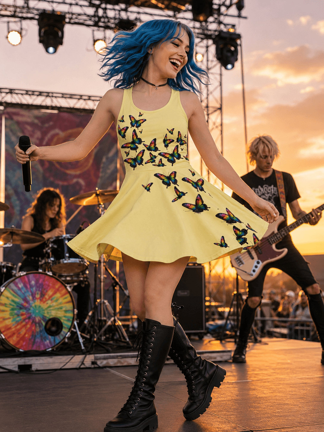Woman in yellow butterfly dress singing on stage at sunset, wearing black boots, retro festival style