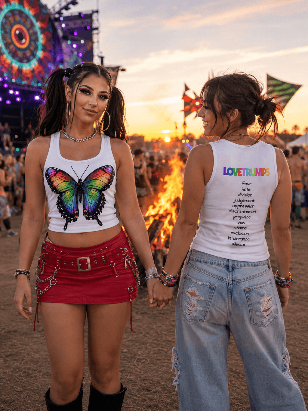 Two women at a festival wearing graphic tank tops — one with a rainbow butterfly, the other with 'LOVETRUMPS' and advocacy words.
