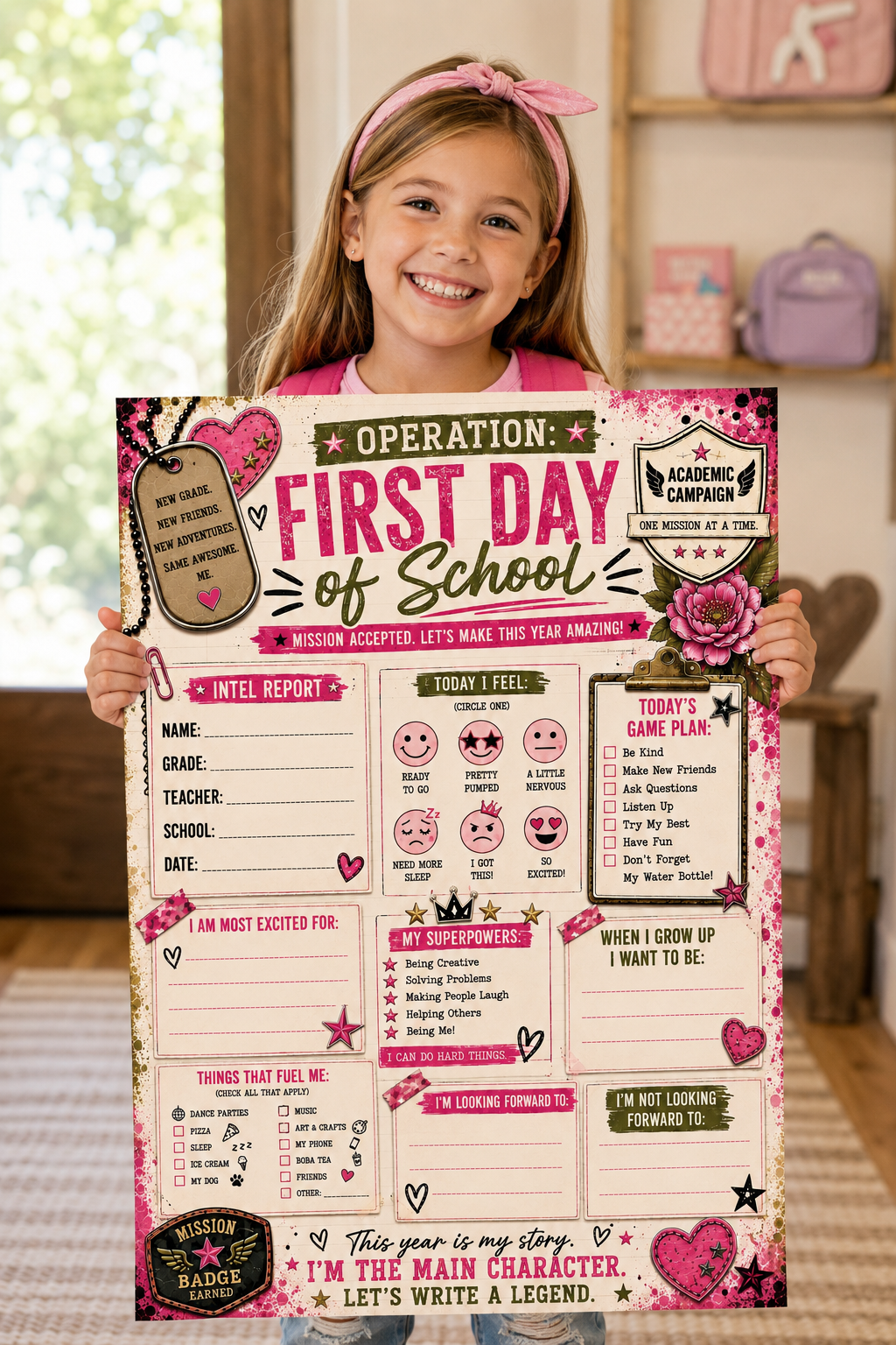 Operation: First Day of School Girls 20" x 28" Poster | Back to School Memory Sign Sweet Talks Tees