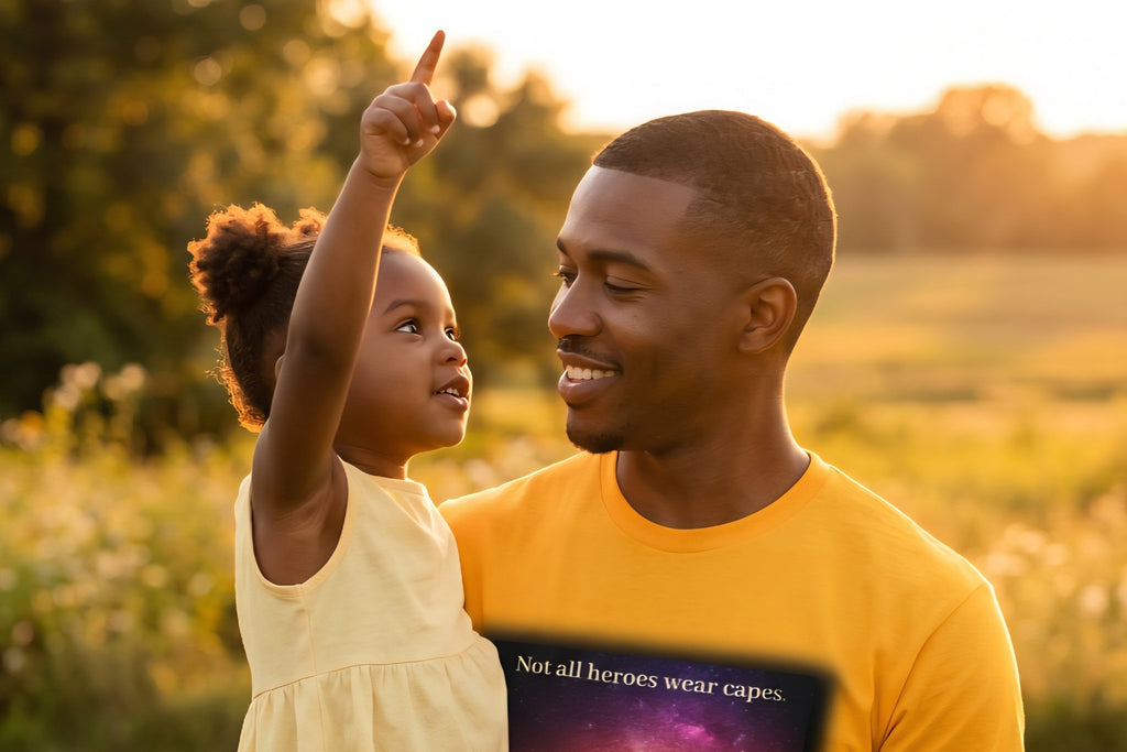 A father holding his daughter in a grassy field at sunset, wearing a bright yellow t-shirt with a patriotic graphic that reads 'Not all heroes wear capes' and 'For Them we wear gold' with a silhouette of a soldier and a yellow ribbon.