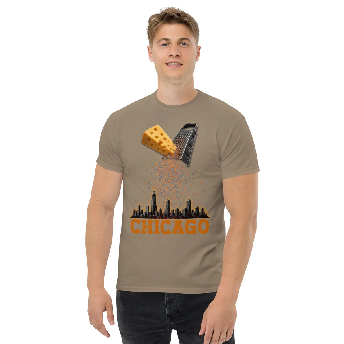 Chicago cheese grater graphic tee on male model