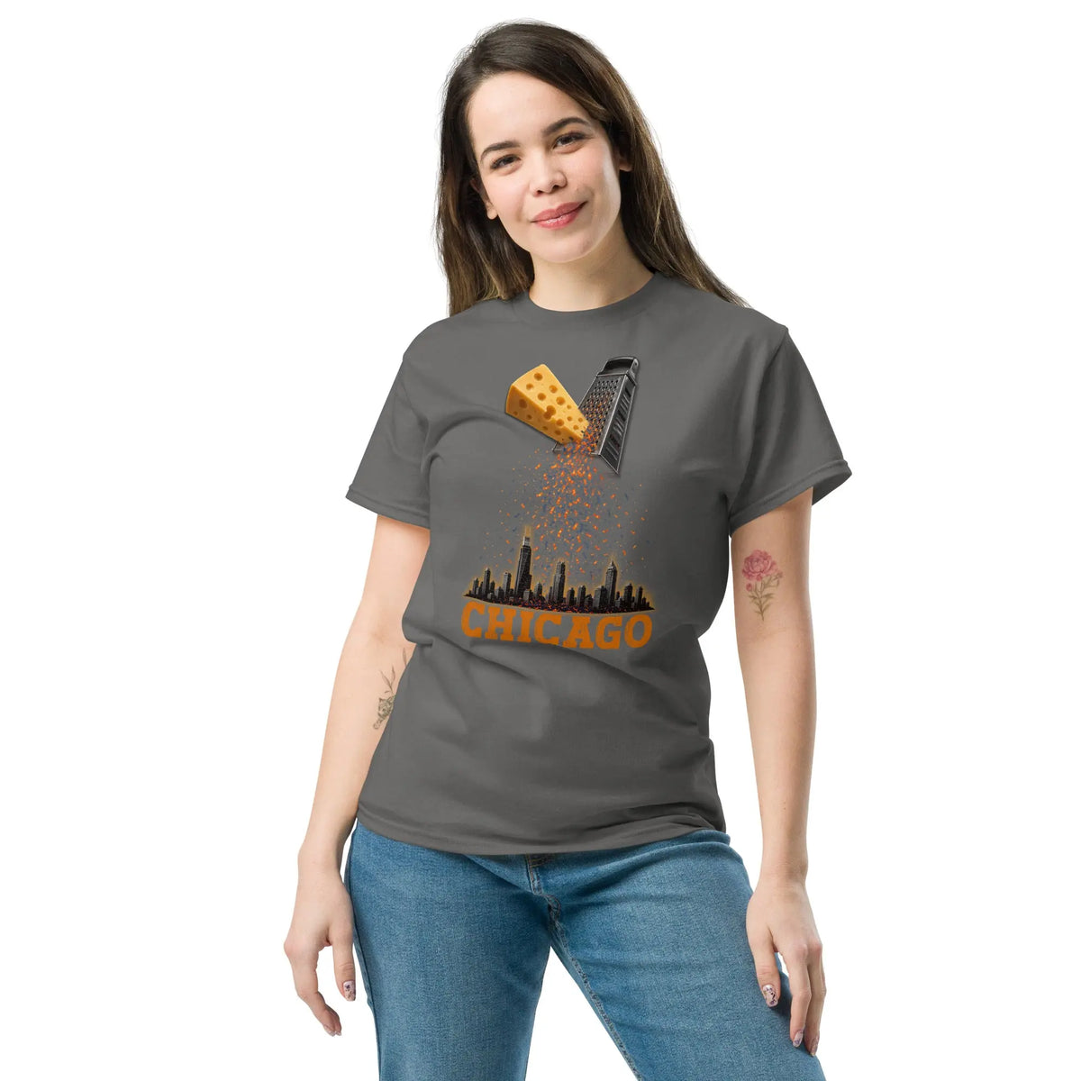 Woman wearing gray Chicago cheese grater graphic tee