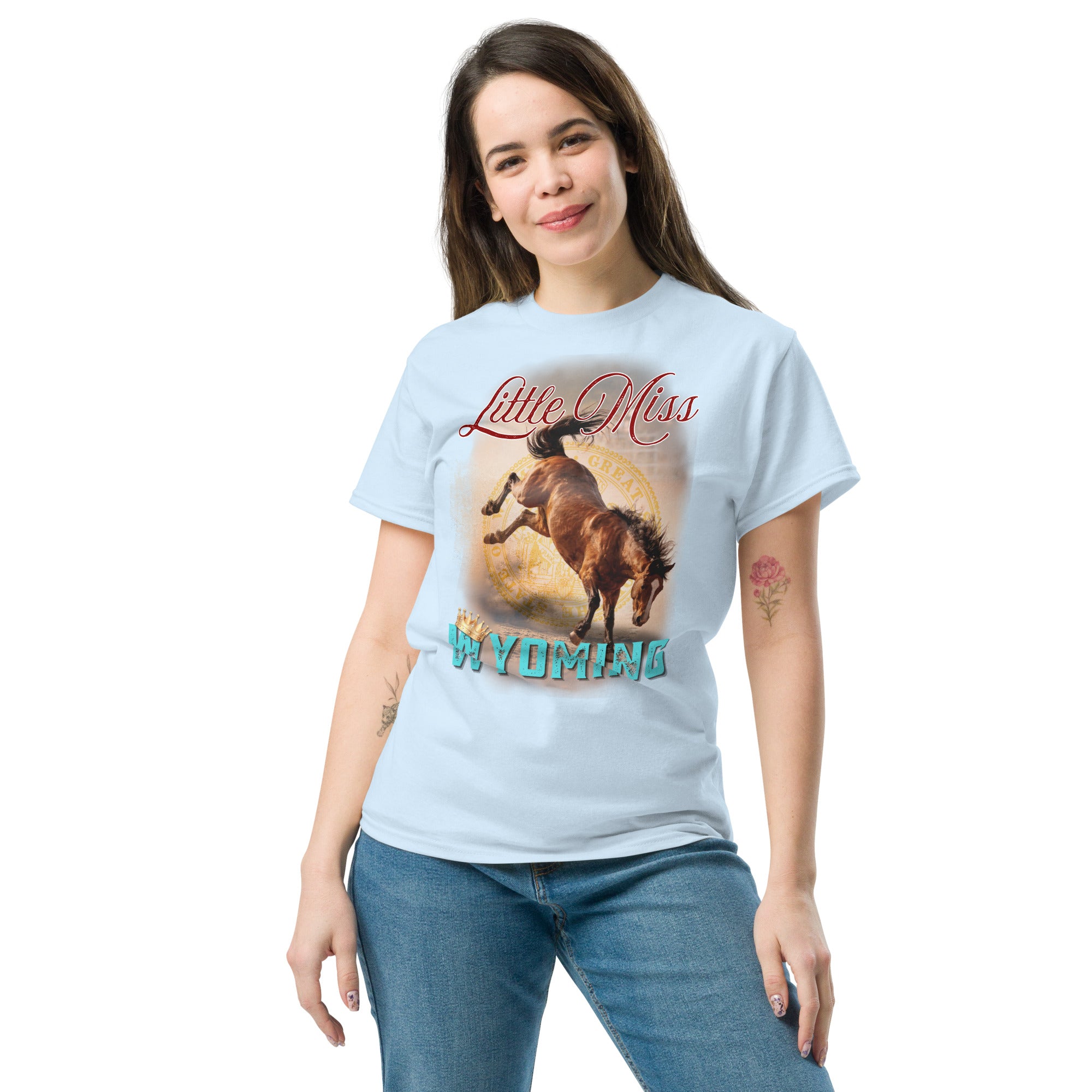 cowgirl shirt with stallion graphic and wyoming text