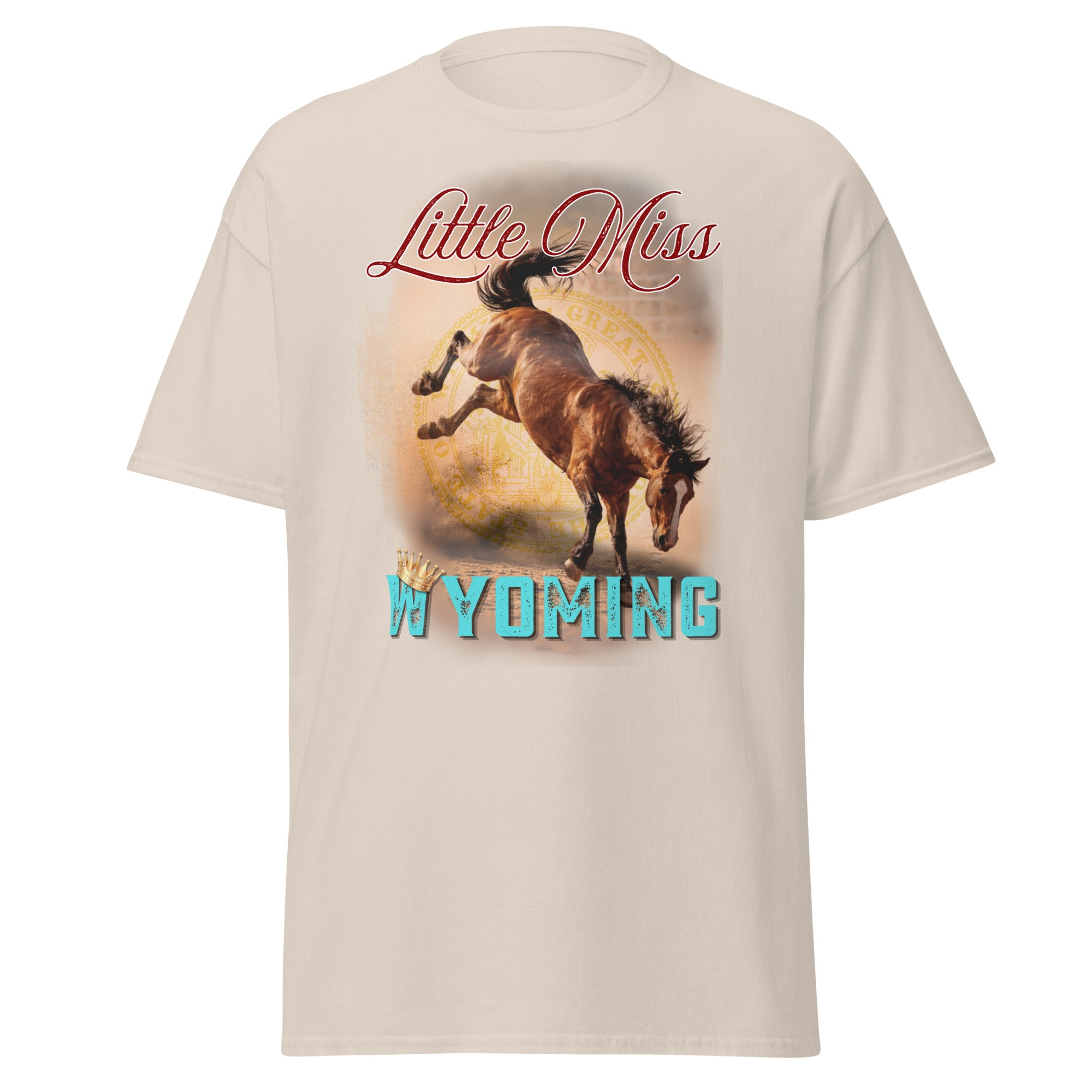 women’s western graphic tee with bucking horse little miss wyoming design