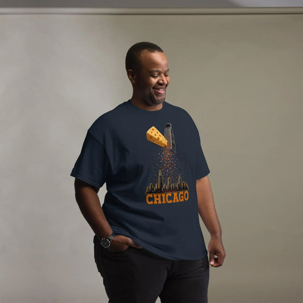Man wearing navy Chicago grate city football tee