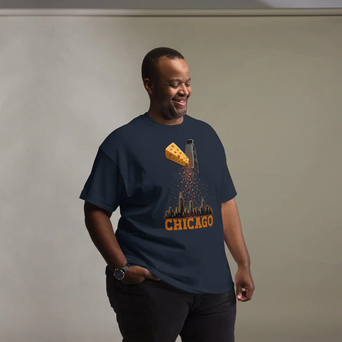 Man wearing navy Chicago grate city football tee