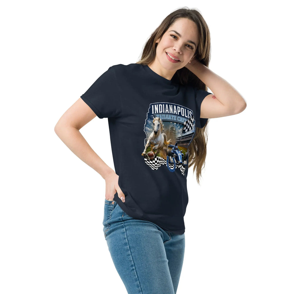 Woman wearing Indianapolis Tailgate Crew navy tee