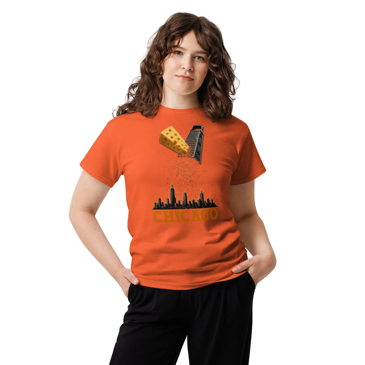 Orange tee with Chicago skyline and cheese grater design