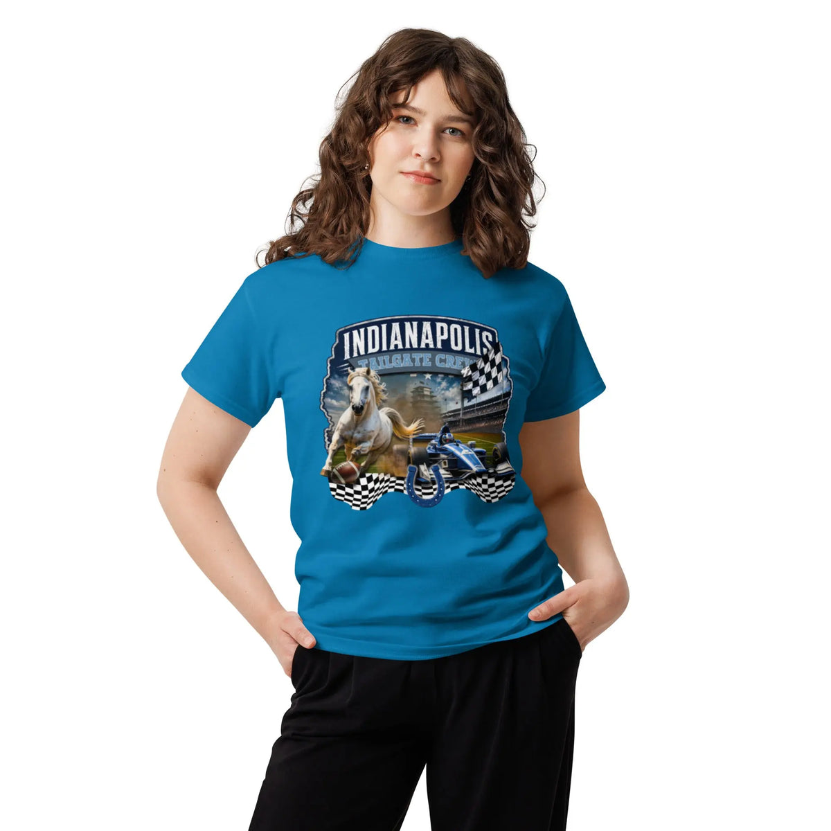 Woman wearing blue Indianapolis Tailgate Crew graphic tee