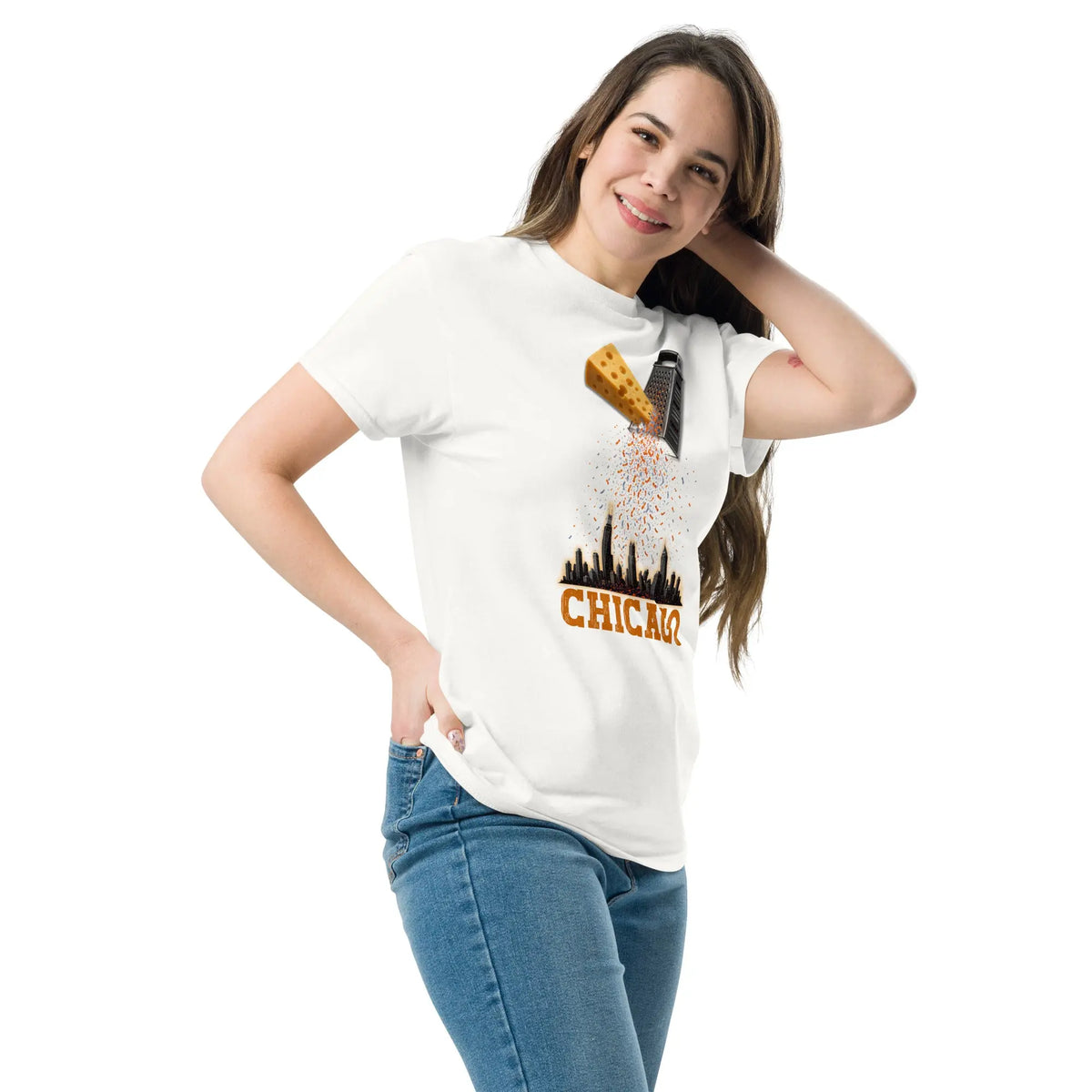 White Chicago football graphic tee with cheese grater