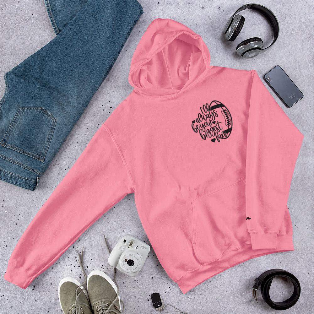 Pink football mom hoodie with heart and text design