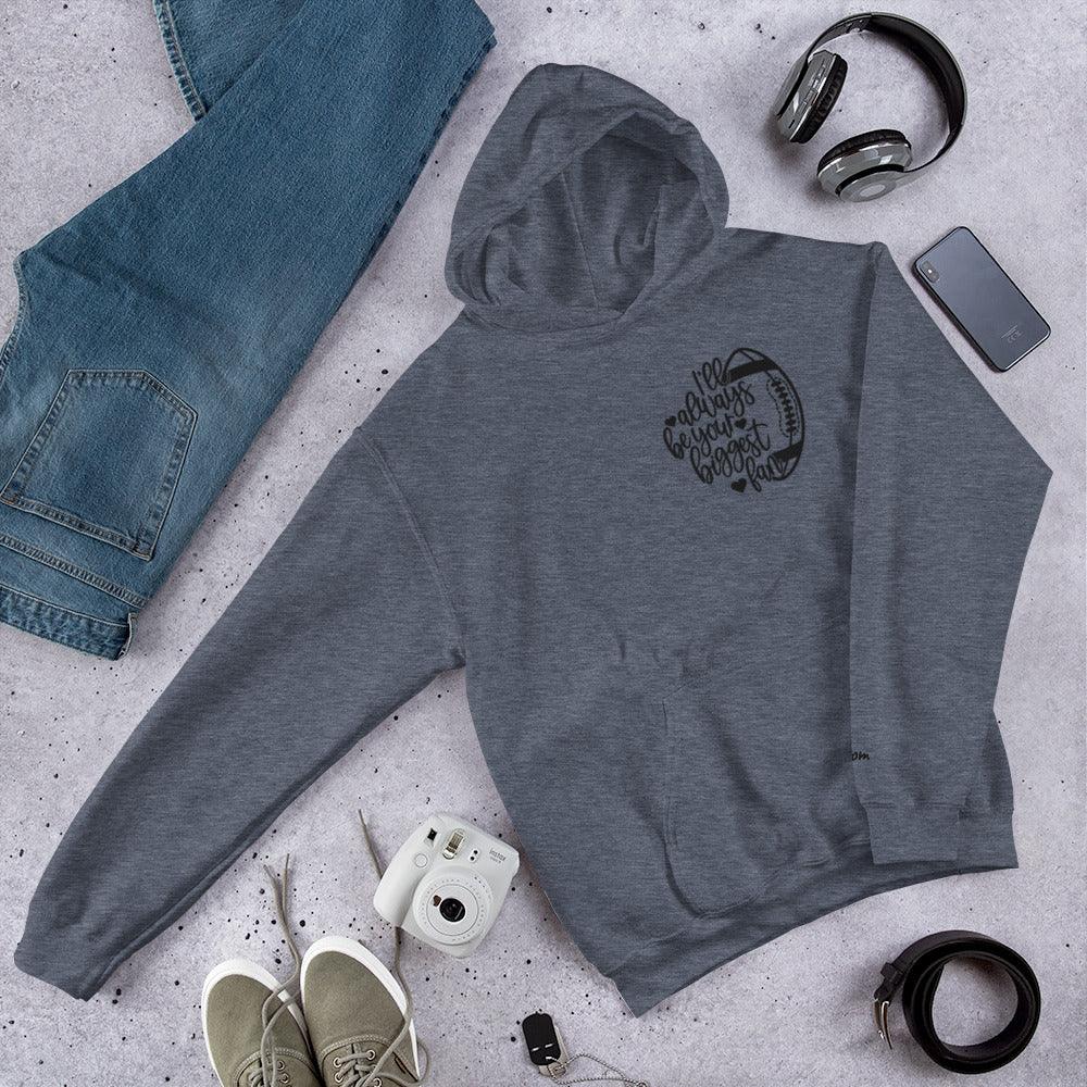 Gray football mom hoodie with heart and text design