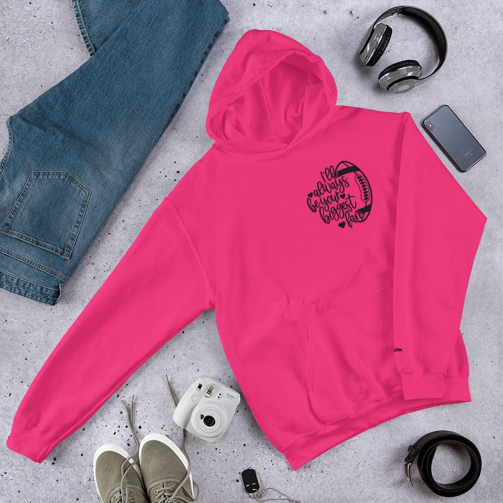 Pink Football Mom heart hoodie with black embroidery