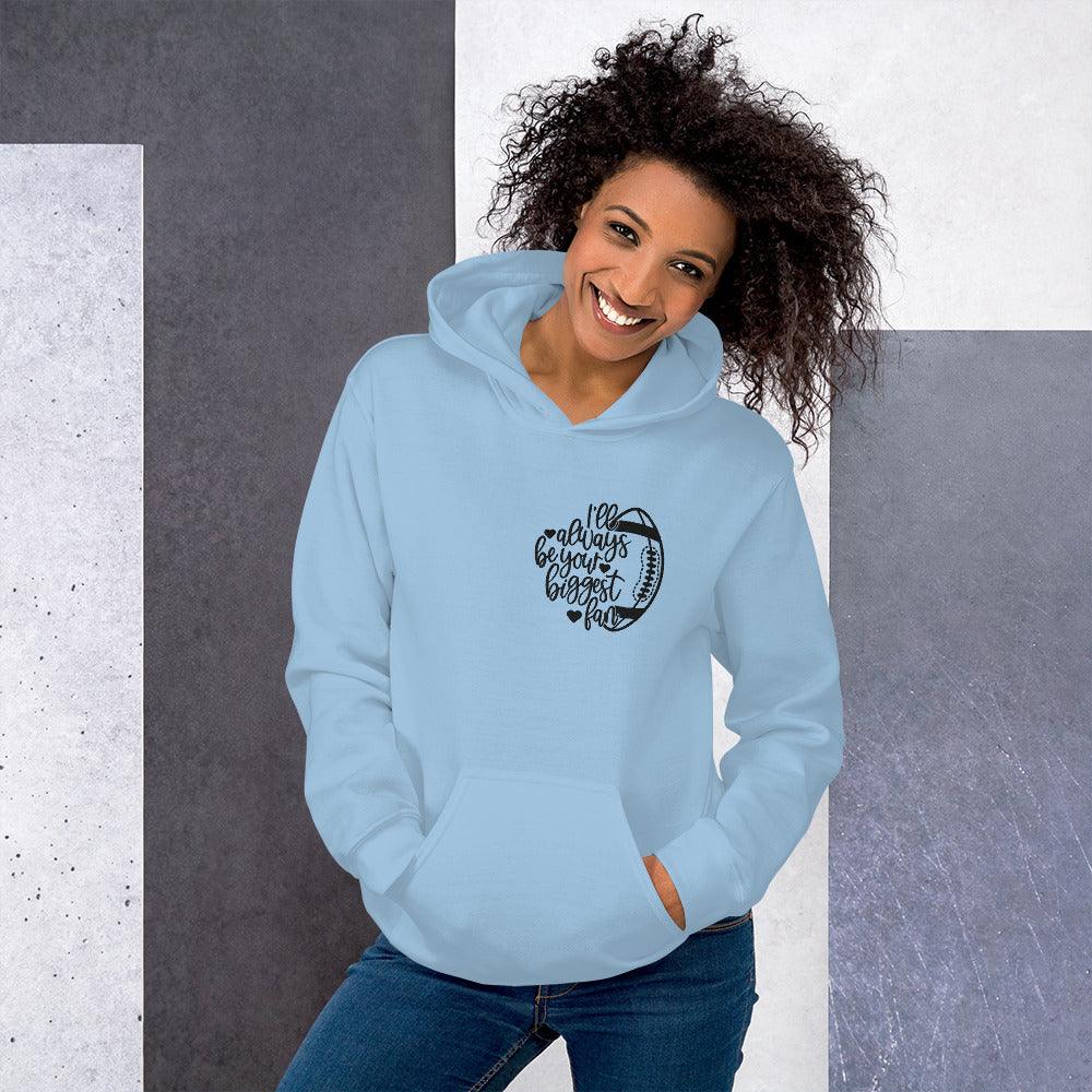 Light blue football mom heart hoodie with text
